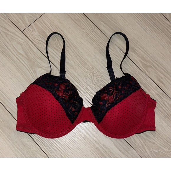 Jezebel R1136 Lined Bra Underwire Micro Dot Lave Trim Womens 34B Red Black - Picture 2 of 7